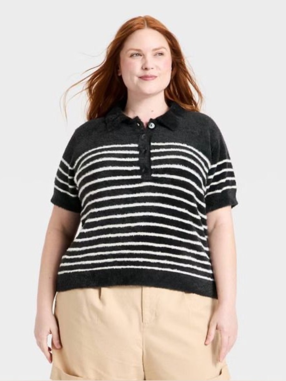 a new day Striped Fuzzy Black & White Polo Short Sleeve Sweater Striped